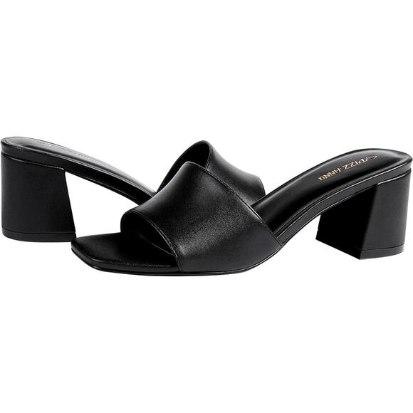 New Pizz Annu Womens 7 Black Faux Leather Open Toe 2.5" Block Heel Shoes w Flaw - Picture 2 of 6